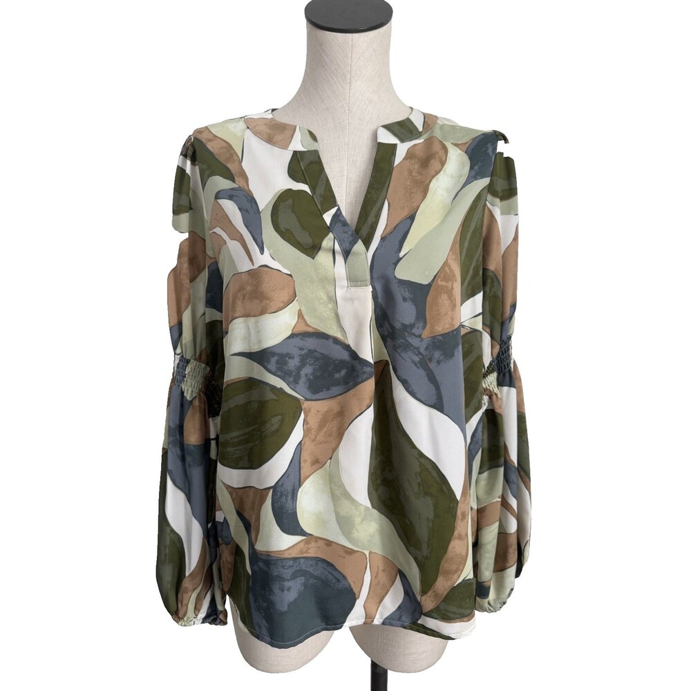 Nine West Smocked Puff Sleeve Printed Blouse Top Peasant Popover Boho LARGE
